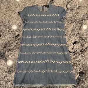 Lucky Brand Denim Short Sleeve Embroidered Blue Floral Dress Size XS Cotton#215